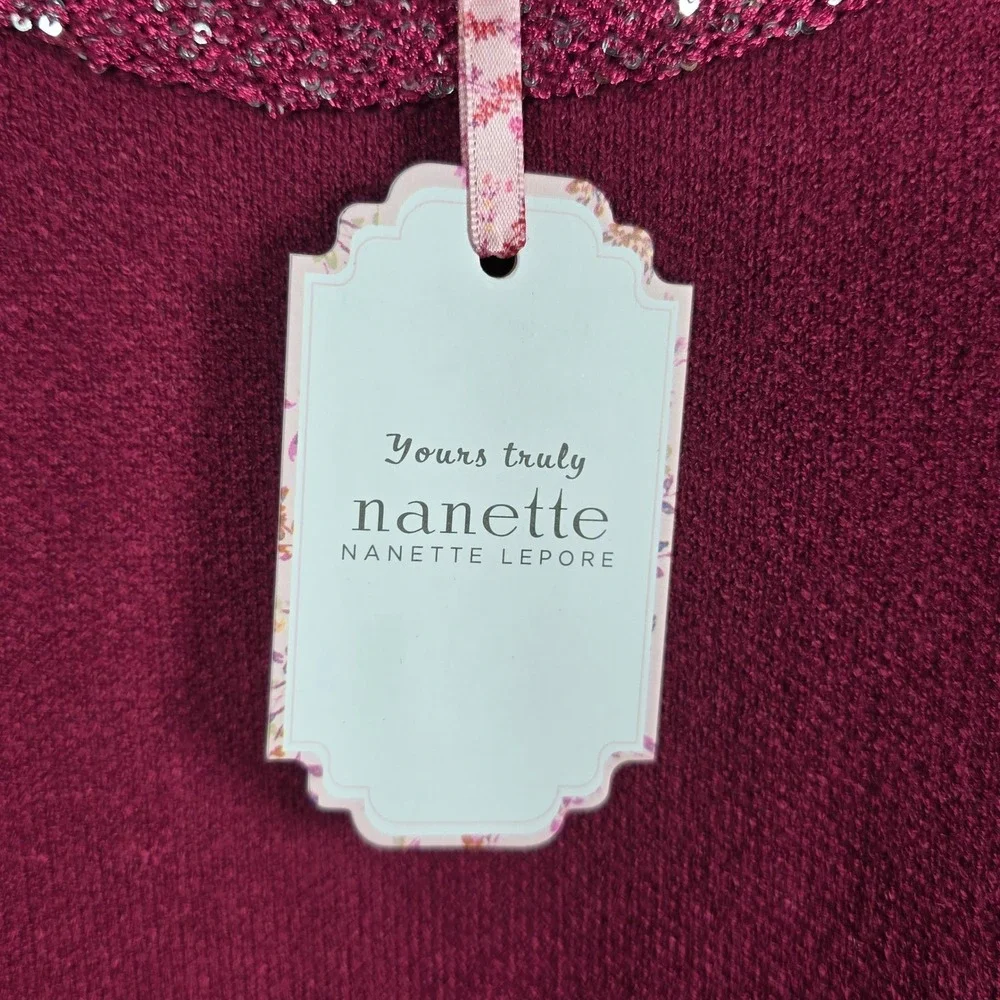 Nanette Lepore Merlot Sequin Trim Short Sleeve Knit‎ Sweater Woman Large NEW